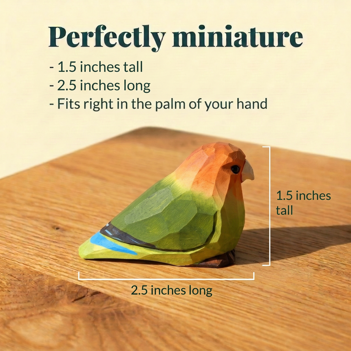 Lovebirds hand-carved wooden figurine by Selsela, with size measurements