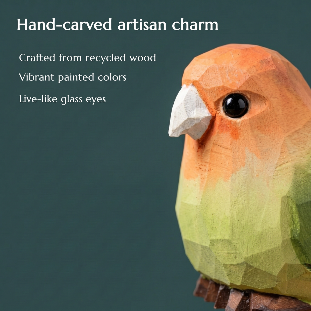 Lovebirds hand-carved wooden figurine by Selsela, close-up of the hand-carved detail
