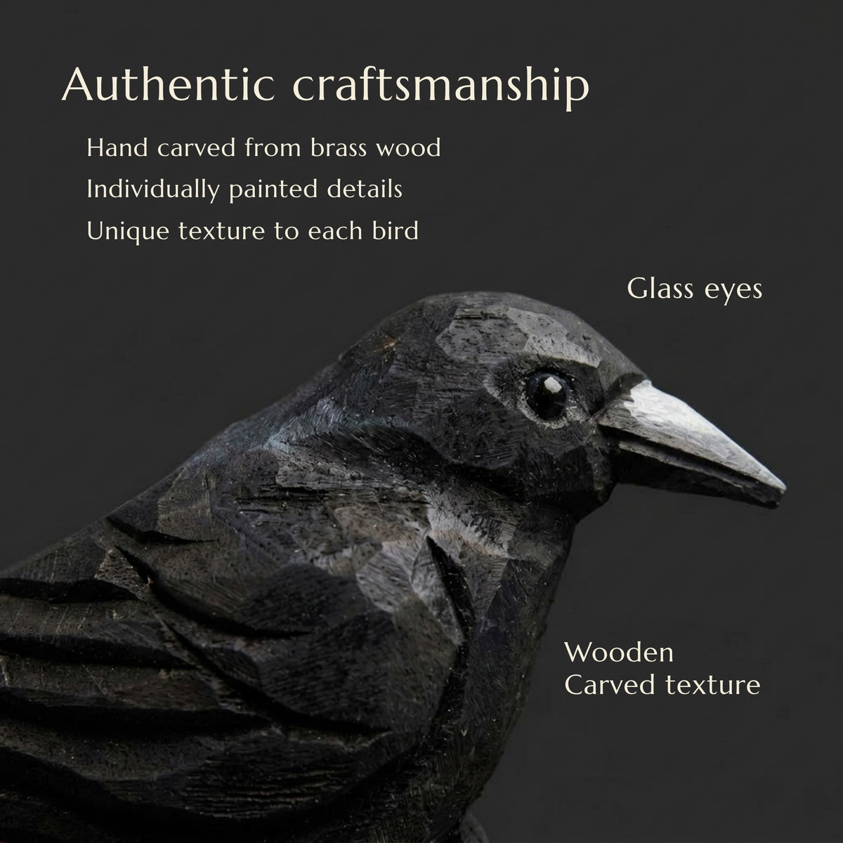 Raven hand-carved wooden keychain by Selsela, close-up of the hand-carved detail
