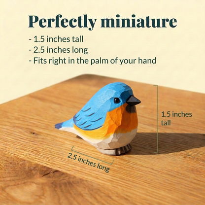 Eastern Bluebird hand-carved wooden figurine by Selsela, with size measurements