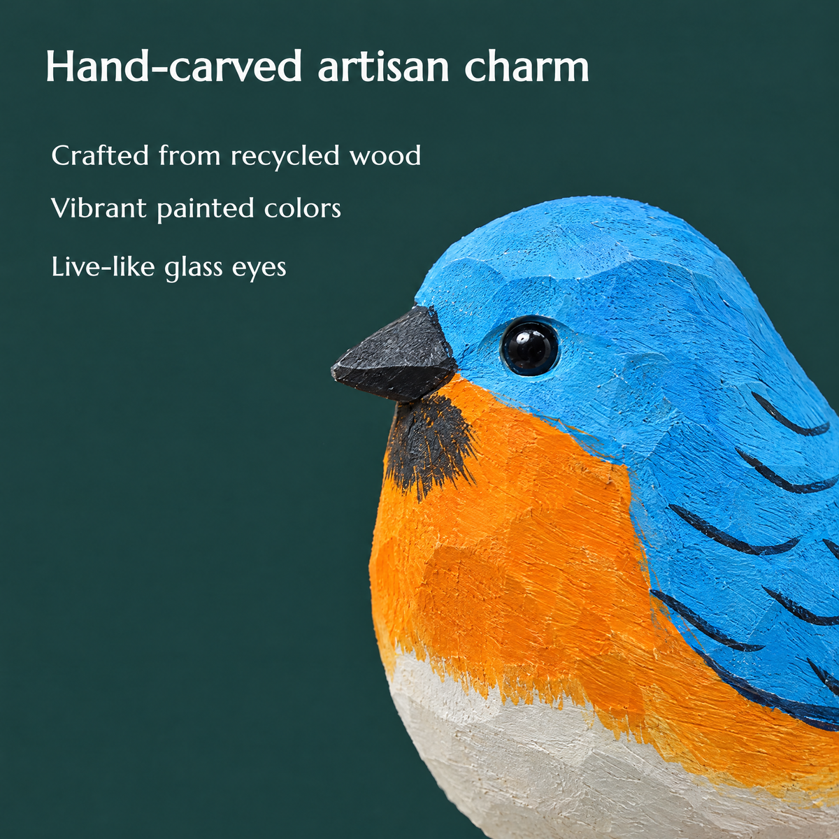 Eastern Bluebird hand-carved wooden figurine by Selsela, close-up of the hand-carved detail