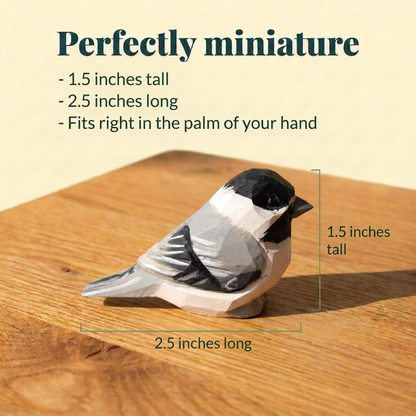 Chickadee hand-carved wooden figurine by Selsela, with size measurements