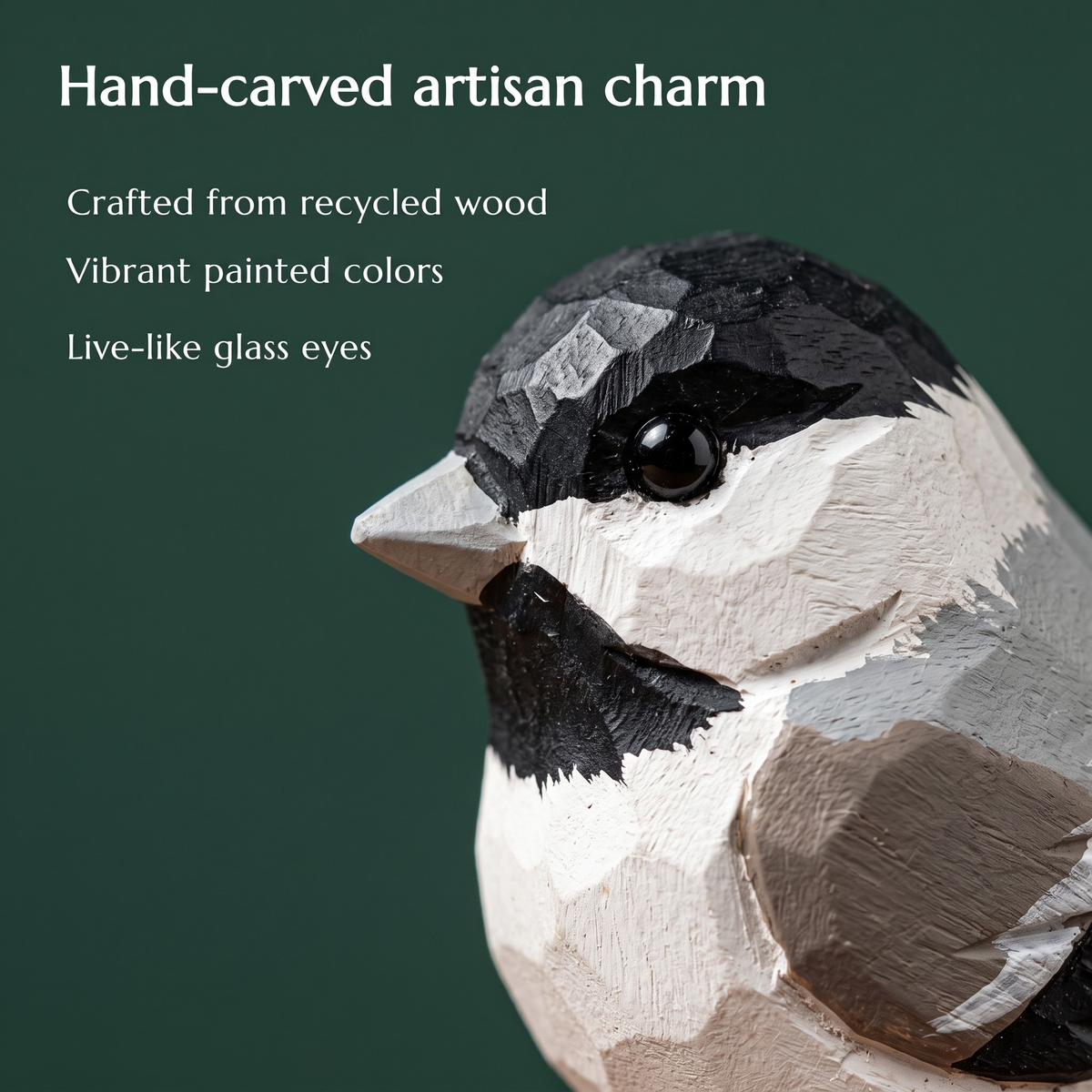 Chickadee hand-carved wooden figurine by Selsela, close-up of the hand-carved detail