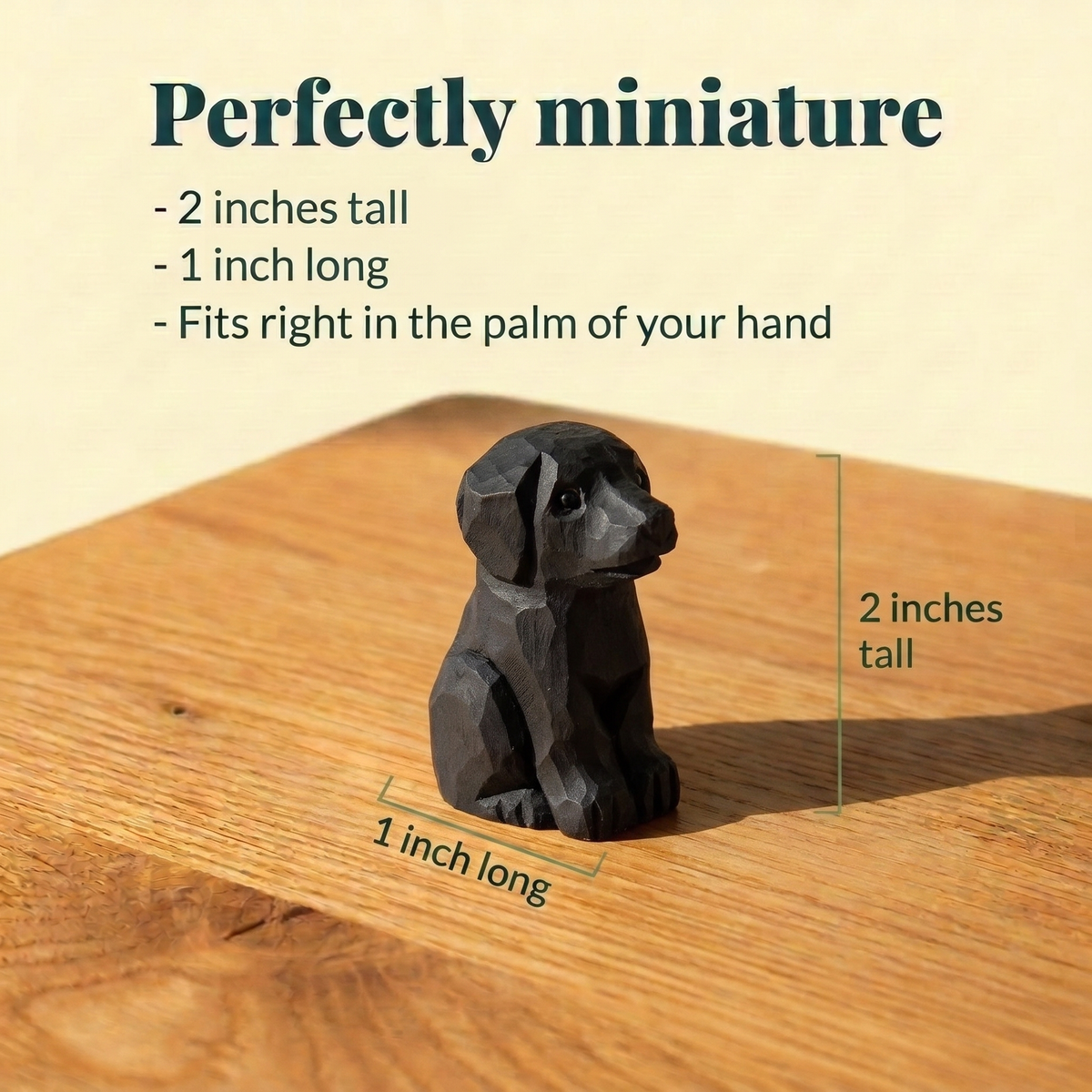 Labrador Retriever Black hand-carved wooden figurine by Selsela, with size measurements