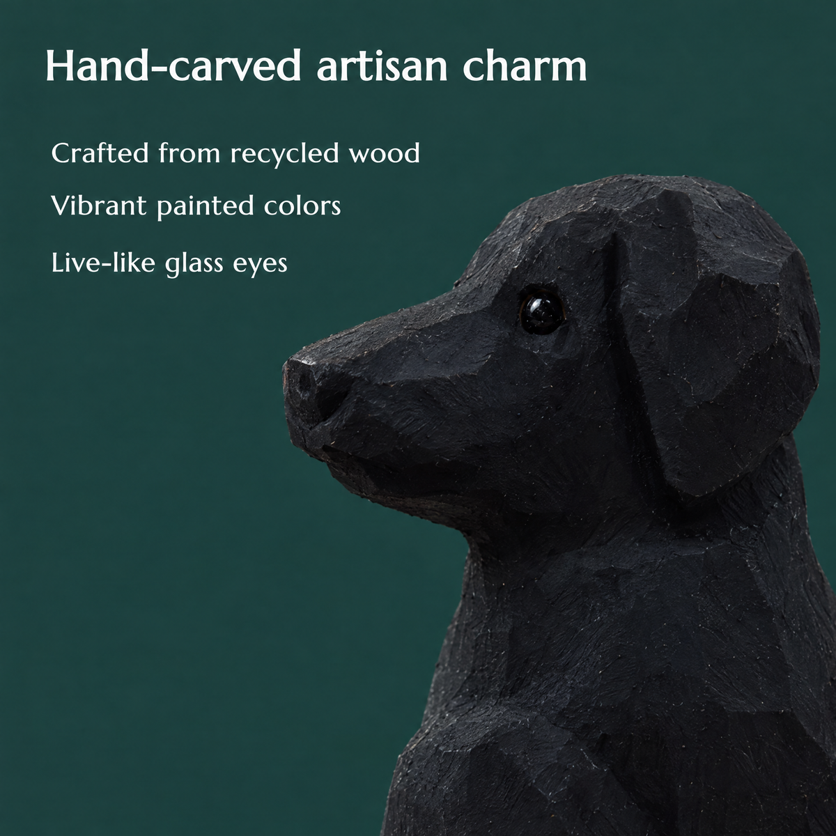 Labrador Retriever Black hand-carved wooden figurine by Selsela, close-up of the hand-carved detail