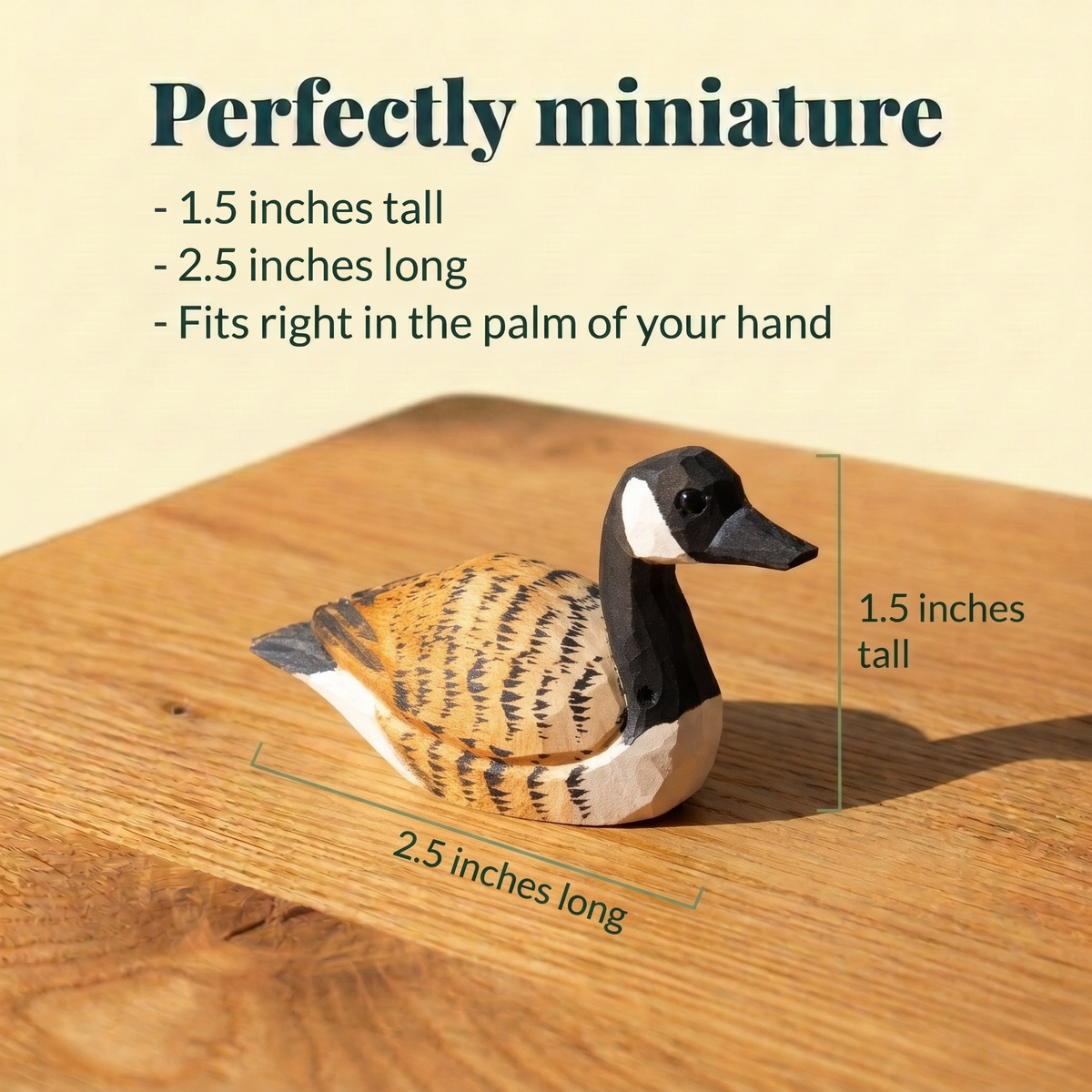 Canada Goose hand-carved wooden figurine by Selsela, with size measurements