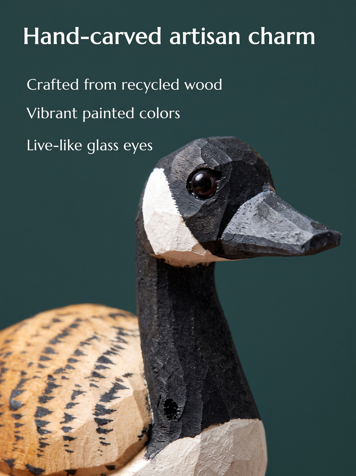 Canada Goose hand-carved wooden figurine by Selsela, close-up of the hand-carved detail