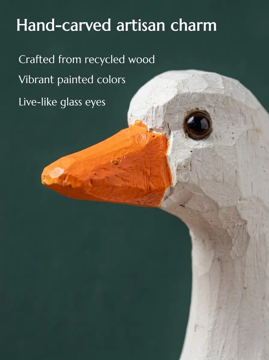 White Goose hand-carved wooden keychain by Selsela, close-up of the hand-carved detail