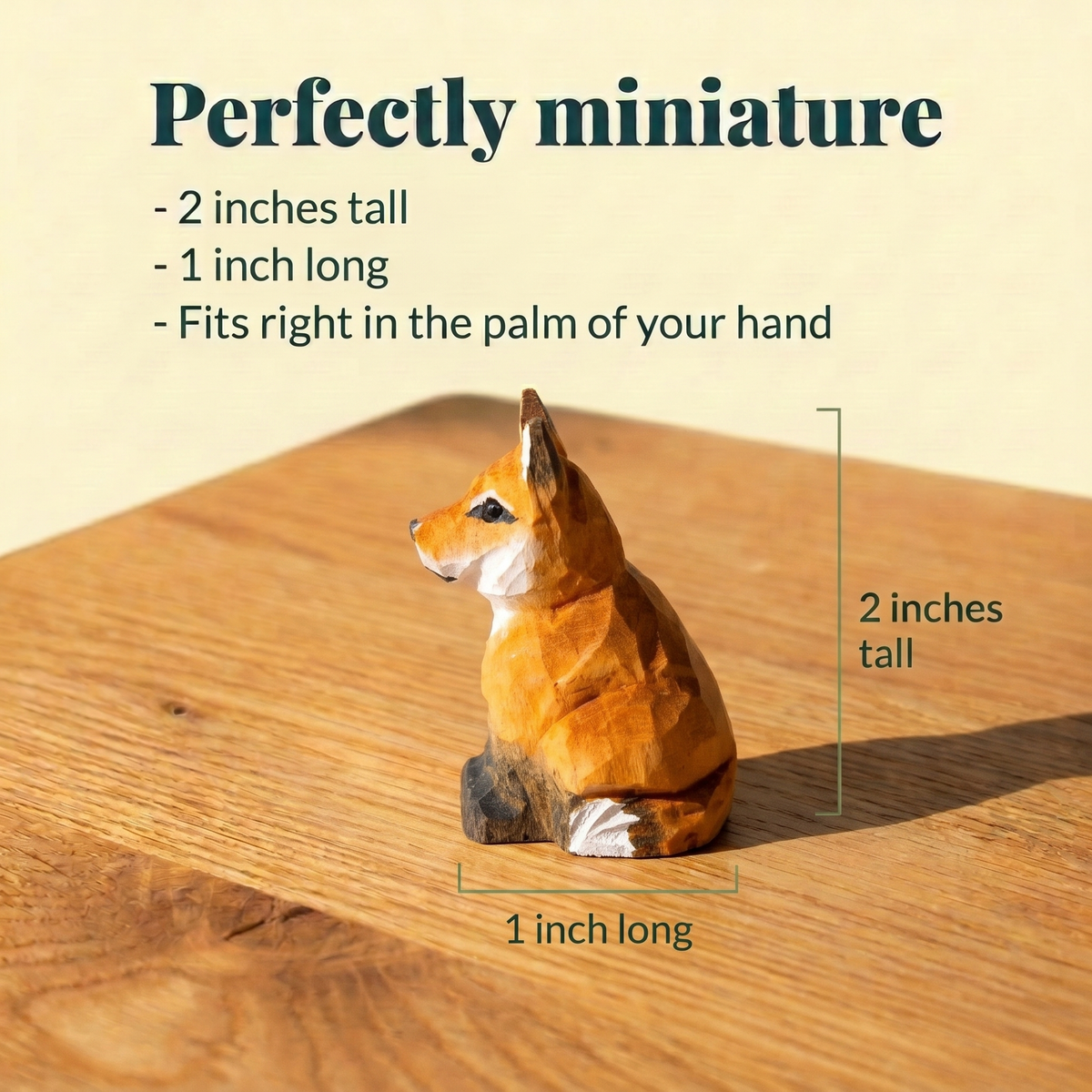 Red Fox hand-carved wooden figurine by Selsela, with size measurements