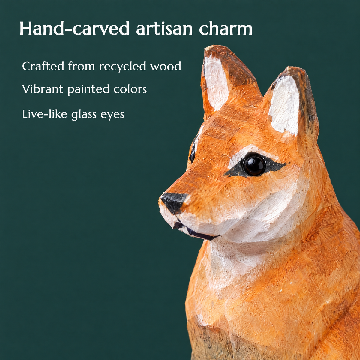 Red Fox hand-carved wooden figurine by Selsela, close-up of the hand-carved detail