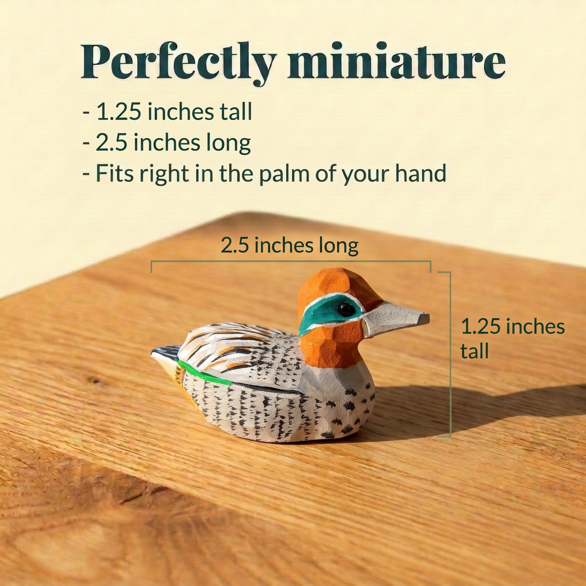 Eurasian Teal hand-carved wooden figurine by Selsela, with size measurements