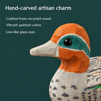 Eurasian Teal hand-carved wooden figurine by Selsela, close-up of the hand-carved detail