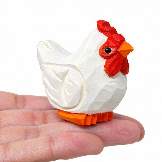 White Hen hand-carved wooden figurine by Selsela, on a plain background