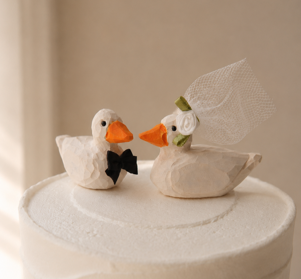 Pekin Duck hand-carved wooden cake topper by Selsela, bride and groom pair on a wedding cake