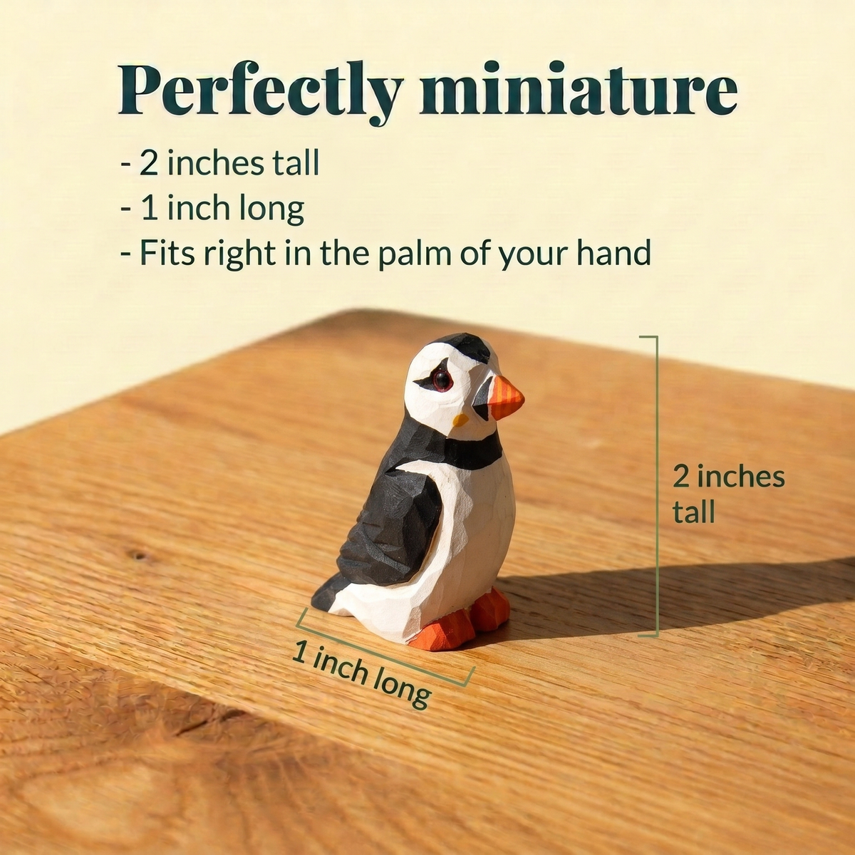 Puffin hand-carved wooden figurine by Selsela, with size measurements