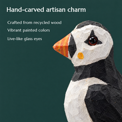Puffin hand-carved wooden figurine by Selsela, close-up of the hand-carved detail