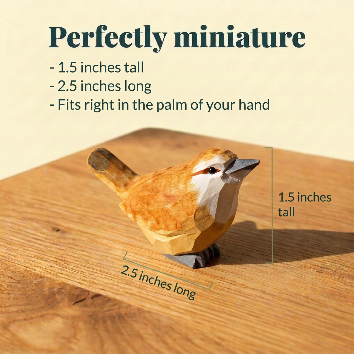 Carolina Wren hand-carved wooden figurine by Selsela, with size measurements
