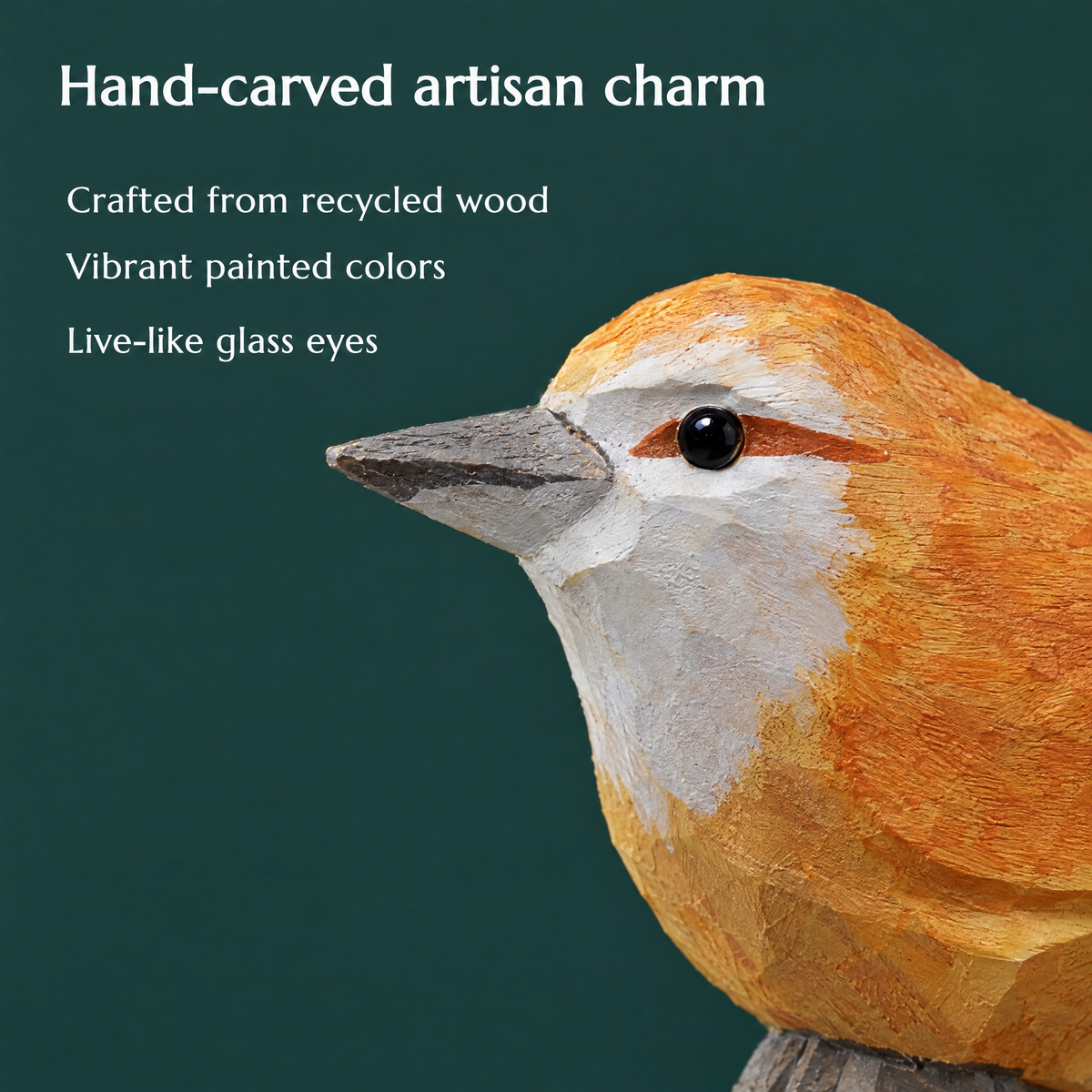 Carolina Wren hand-carved wooden figurine by Selsela, close-up of the hand-carved detail