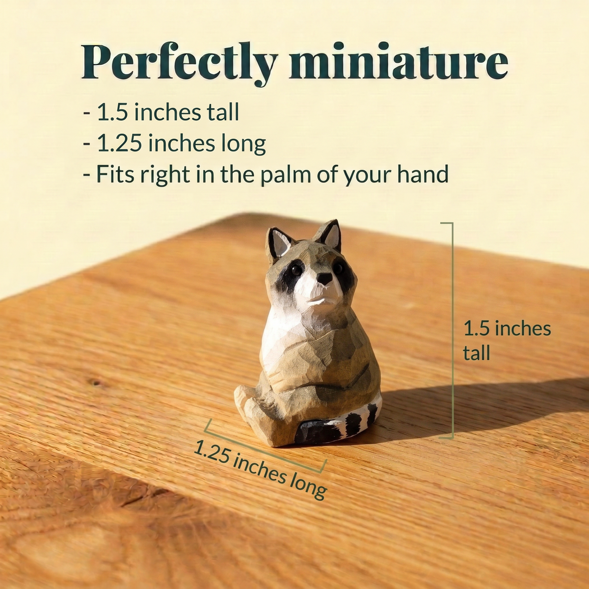 Raccoon hand-carved wooden figurine by Selsela, with size measurements