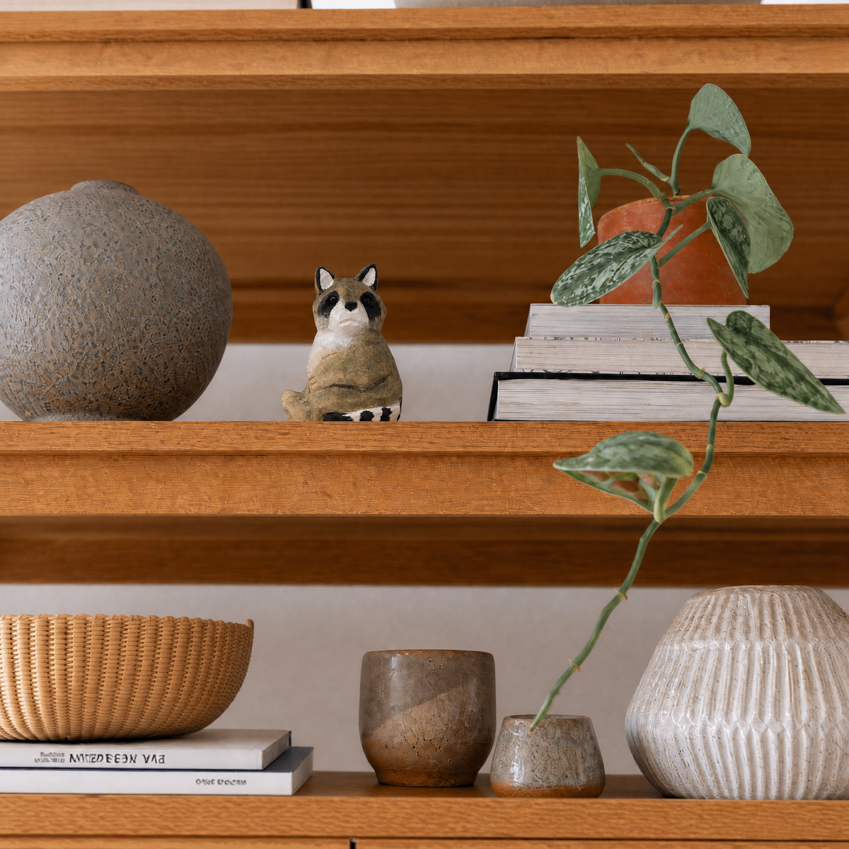 Raccoon hand-carved wooden figurine by Selsela, styled in a home setting