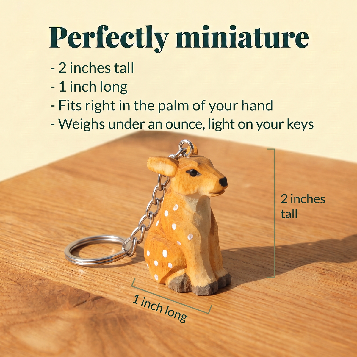 Deer hand-carved wooden keychain by Selsela, with size measurements