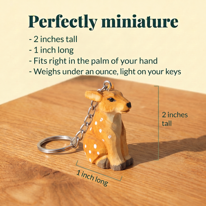 Deer hand-carved wooden keychain by Selsela, with size measurements