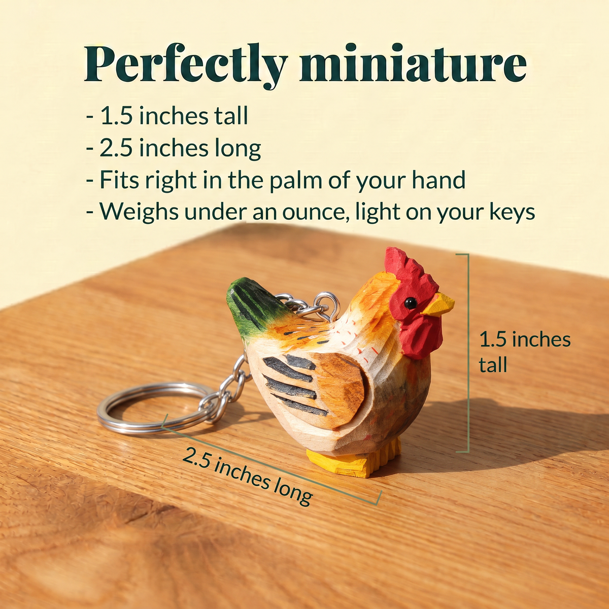 Brown Hen hand-carved wooden keychain by Selsela, with size measurements