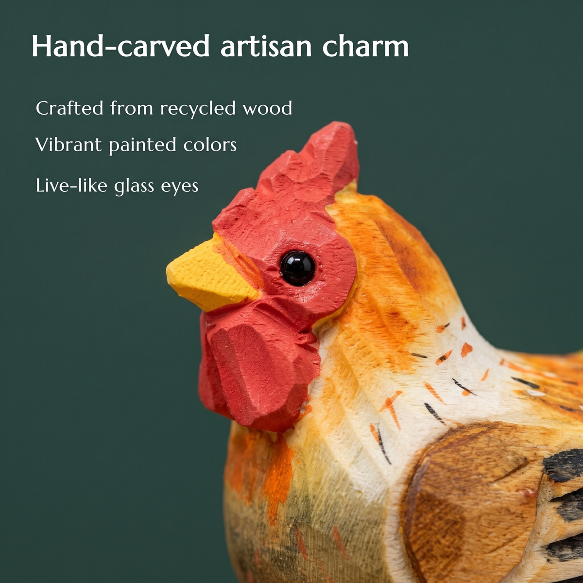 Brown Hen hand-carved wooden keychain by Selsela, close-up of the hand-carved detail