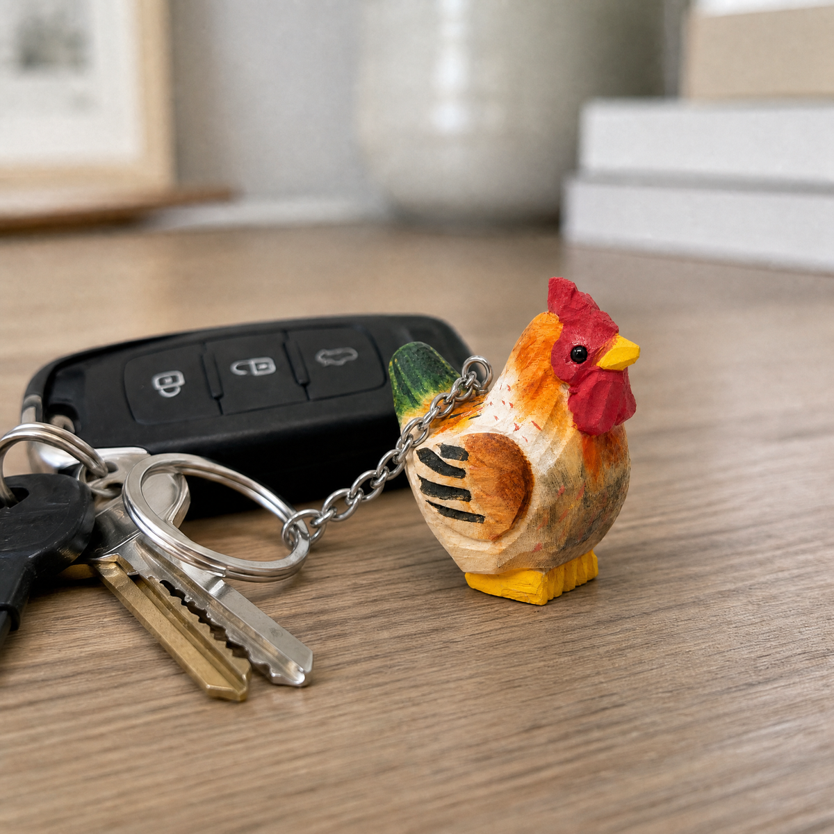 Brown Hen hand-carved wooden keychain by Selsela, in a styled scene