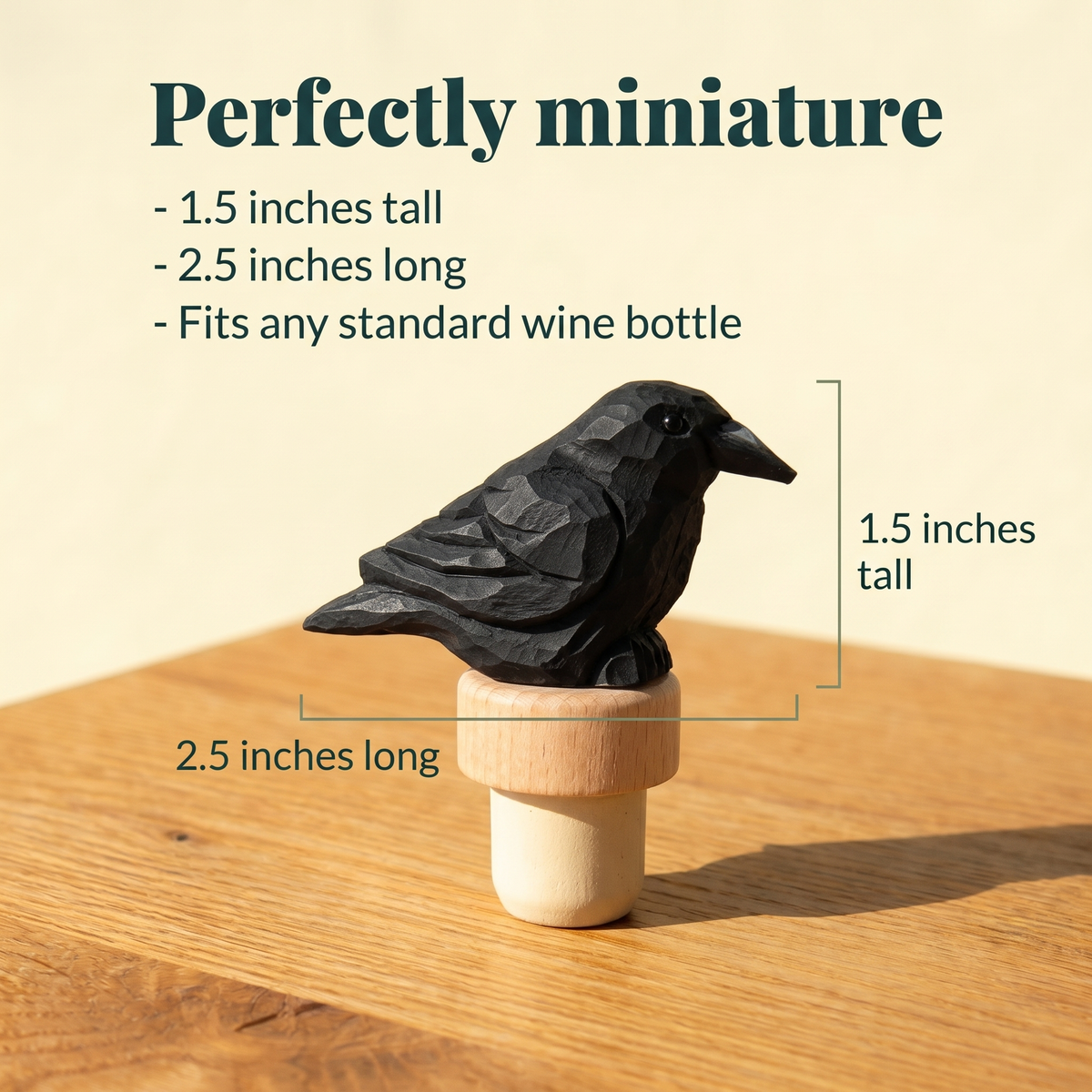 Raven hand-carved wooden wine stopper by Selsela, with size measurements