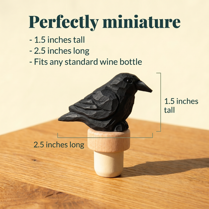 Raven hand-carved wooden wine stopper by Selsela, with size measurements