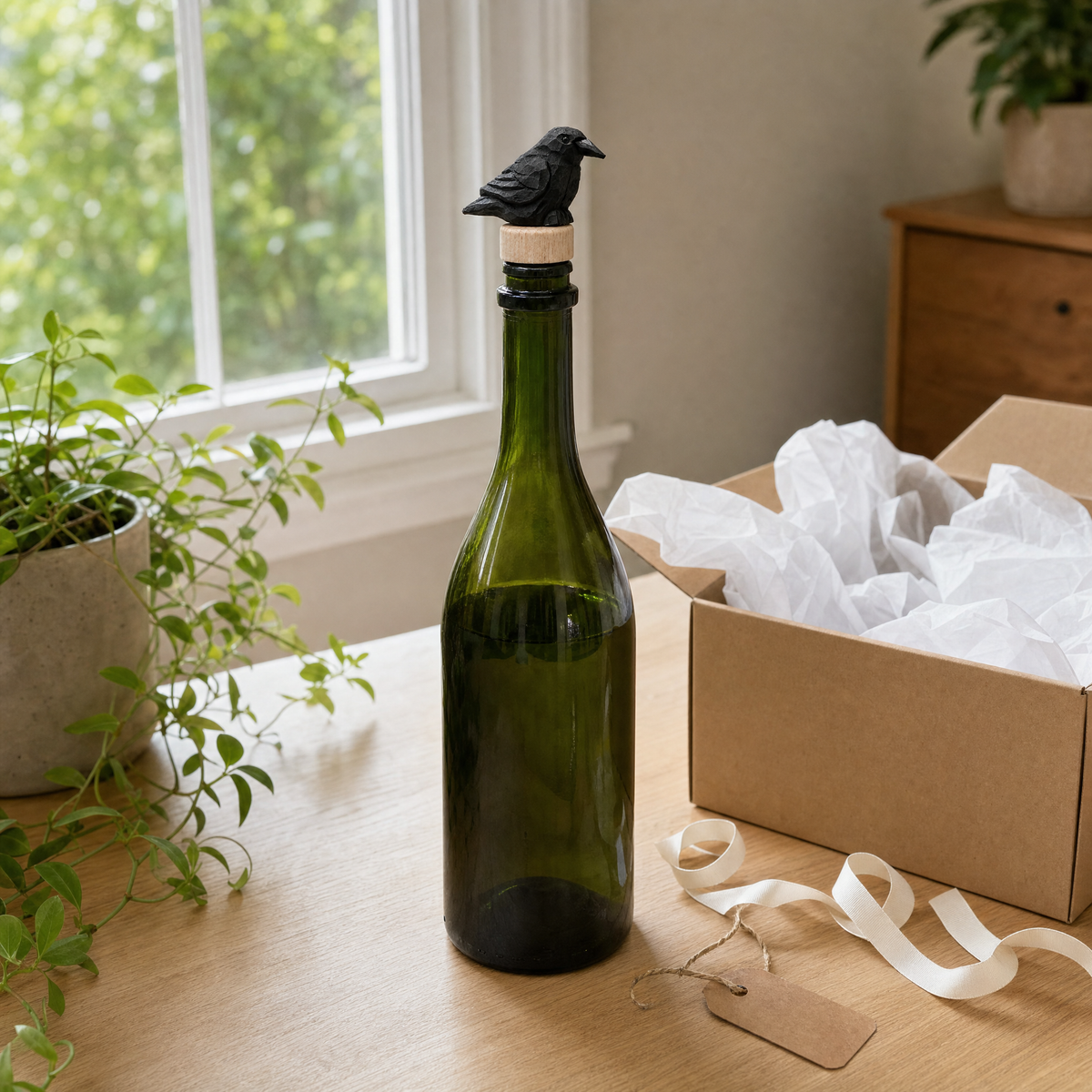 Raven hand-carved wooden wine stopper by Selsela, in a styled scene
