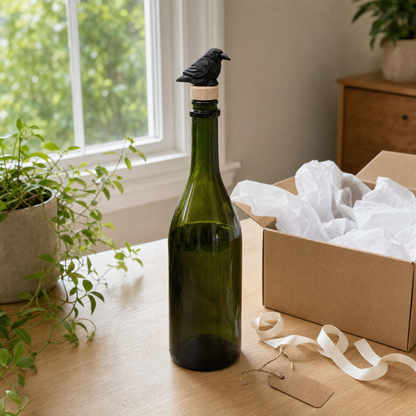 Raven hand-carved wooden wine stopper by Selsela, in a styled scene