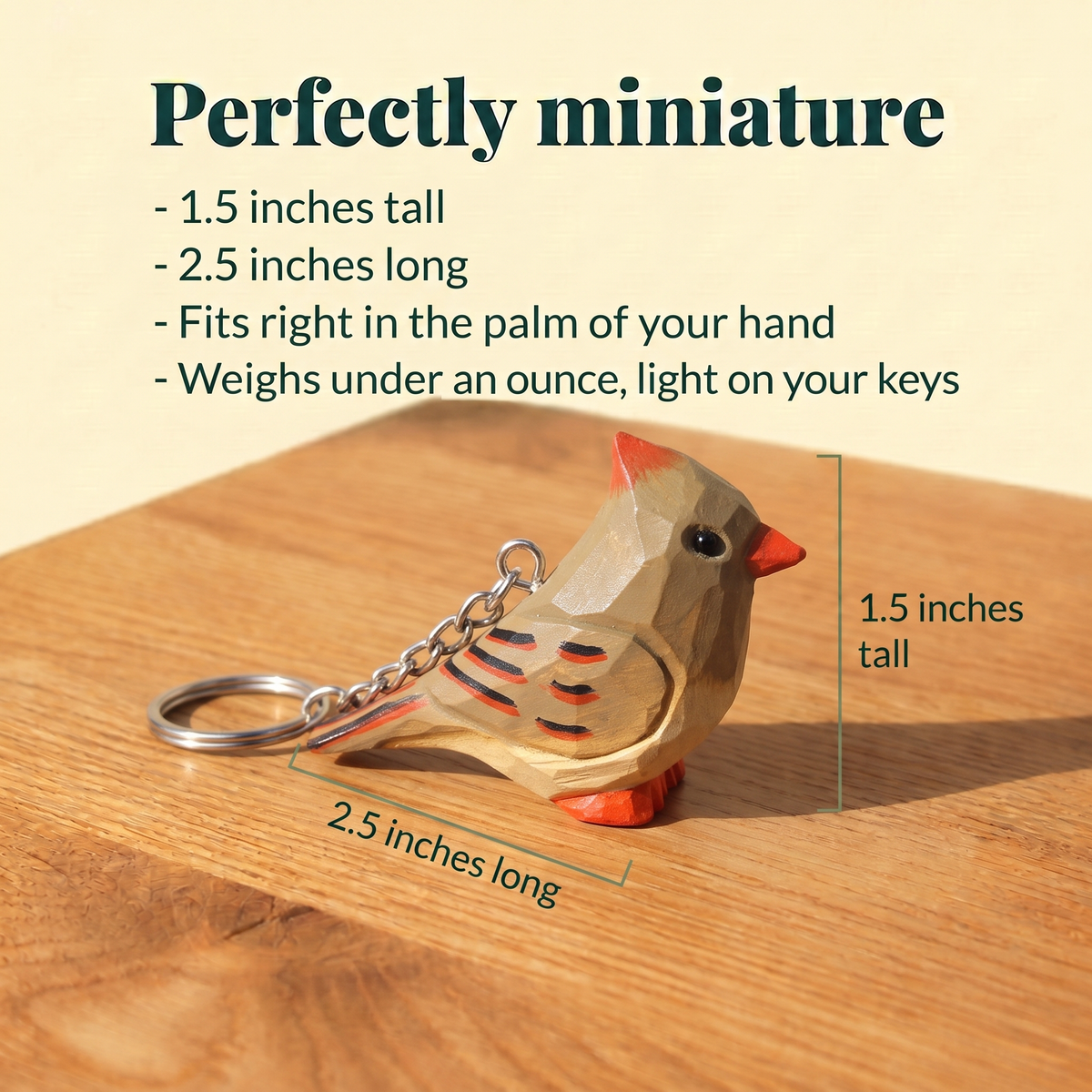 Cardinal Female hand-carved wooden keychain by Selsela, with size measurements