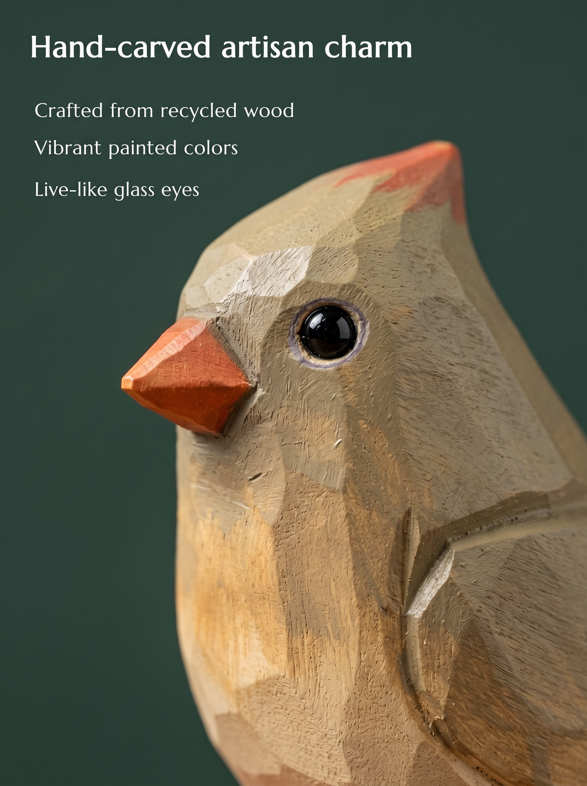 Cardinal Female hand-carved wooden keychain by Selsela, close-up of the hand-carved detail