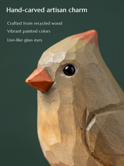 Cardinal Female hand-carved wooden keychain by Selsela, close-up of the hand-carved detail