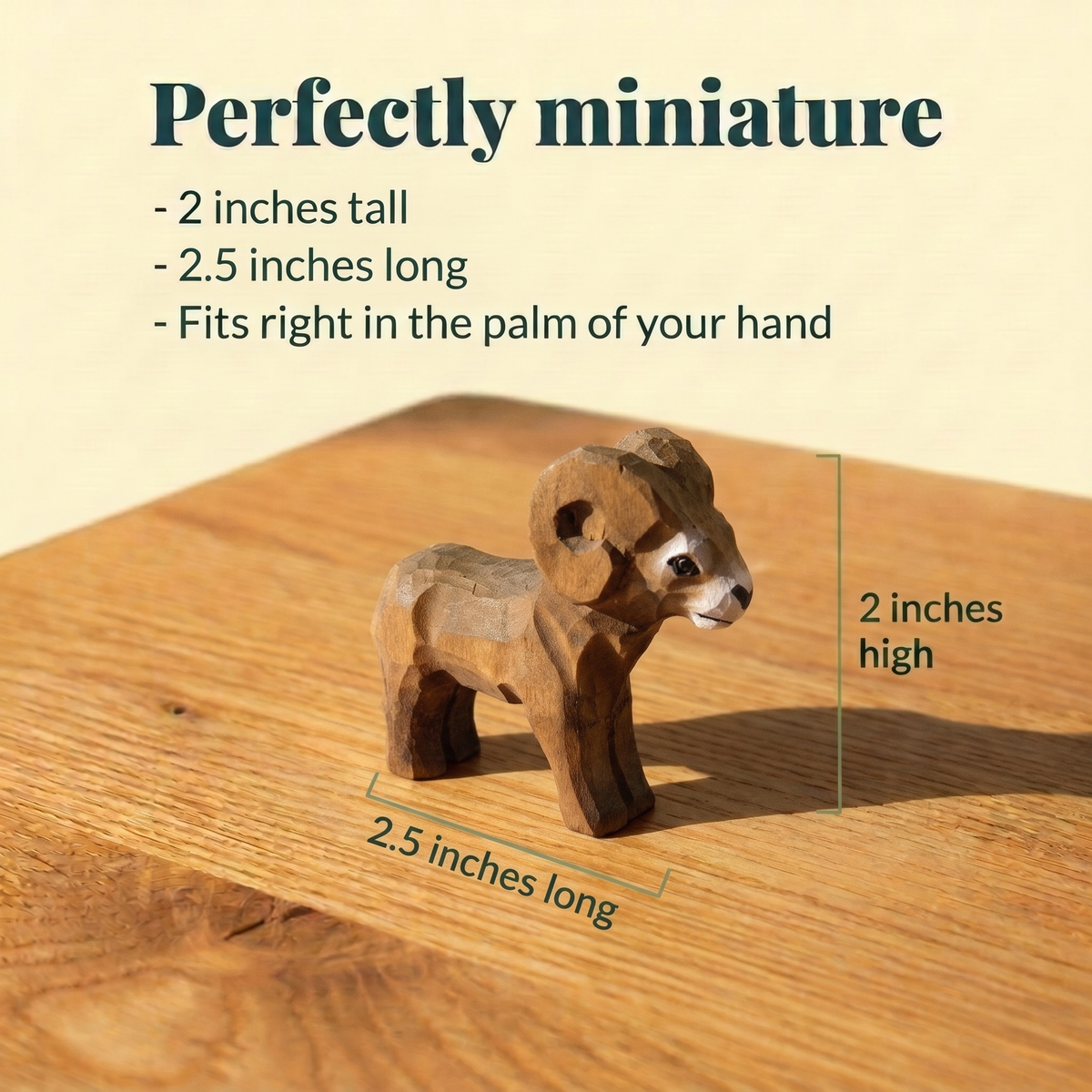Ram hand-carved wooden figurine by Selsela, with size measurements