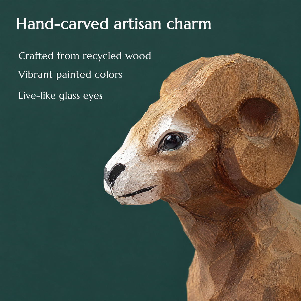 Ram hand-carved wooden figurine by Selsela, close-up of the hand-carved detail