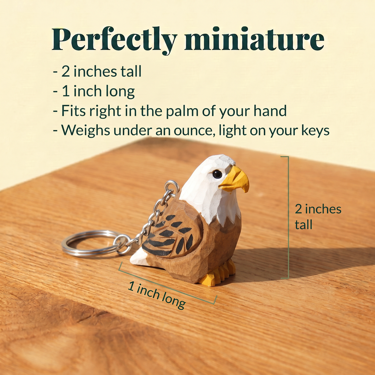 Bald Eagle hand-carved wooden keychain by Selsela, with size measurements