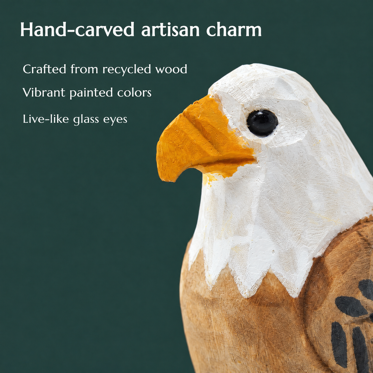 Bald Eagle hand-carved wooden keychain by Selsela, close-up of the hand-carved detail