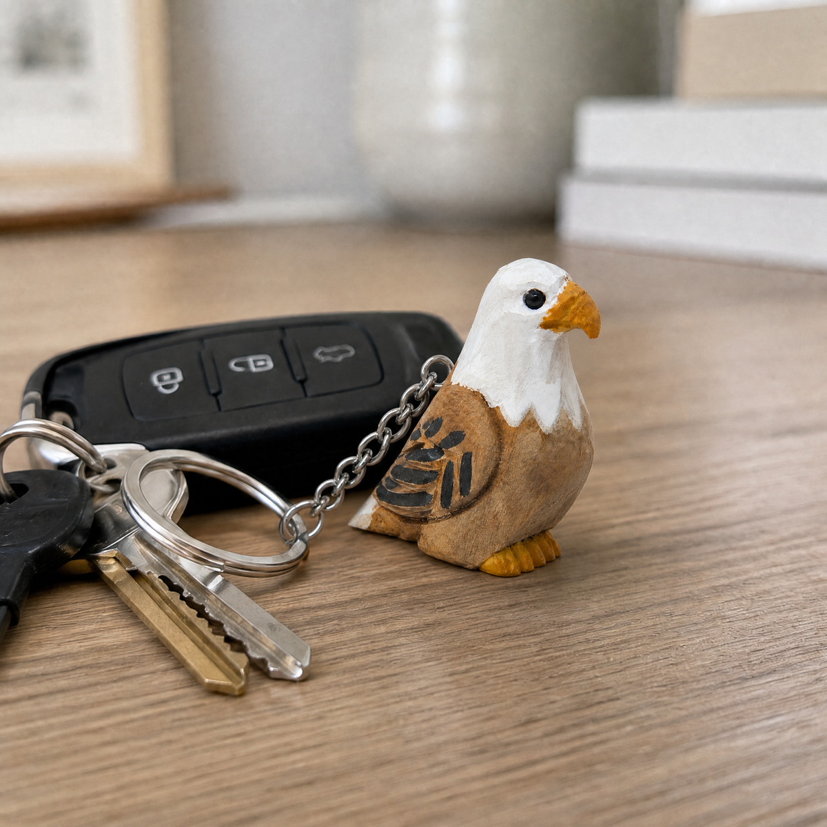 Bald Eagle hand-carved wooden keychain by Selsela, in a styled scene