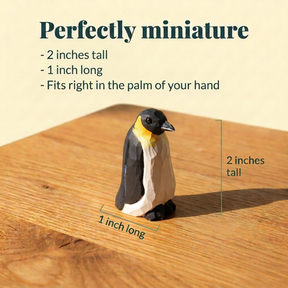 Penguin hand-carved wooden figurine by Selsela, with size measurements