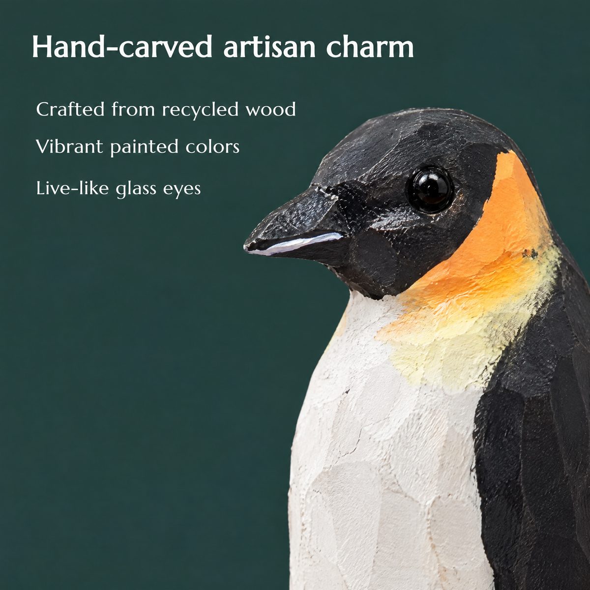Penguin hand-carved wooden figurine by Selsela, close-up of the hand-carved detail