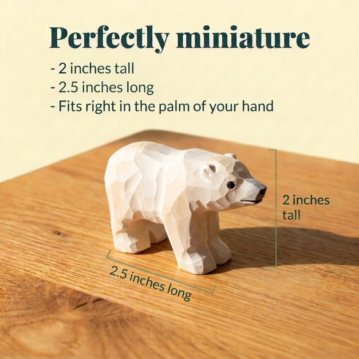 Polar Bear hand-carved wooden figurine by Selsela, with size measurements