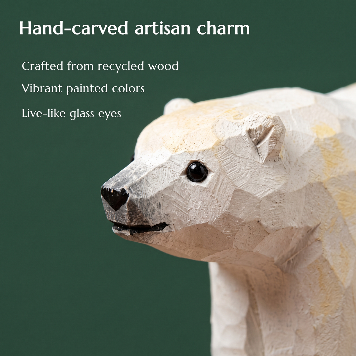 Polar Bear hand-carved wooden figurine by Selsela, close-up of the hand-carved detail