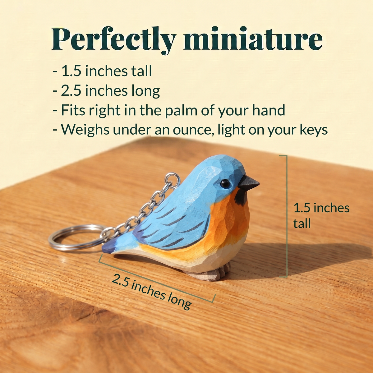 Eastern Bluebird hand-carved wooden keychain by Selsela, with size measurements