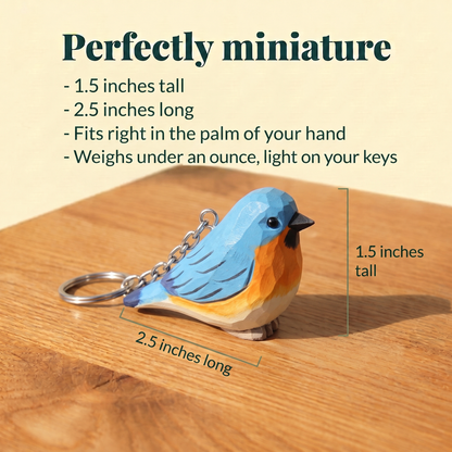 Eastern Bluebird hand-carved wooden keychain by Selsela, with size measurements