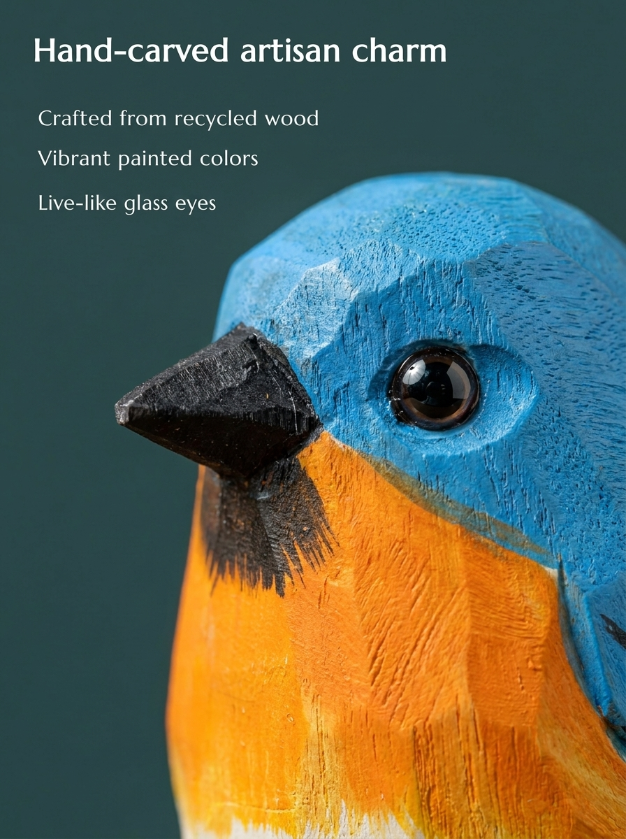 Eastern Bluebird hand-carved wooden keychain by Selsela, close-up of the hand-carved detail