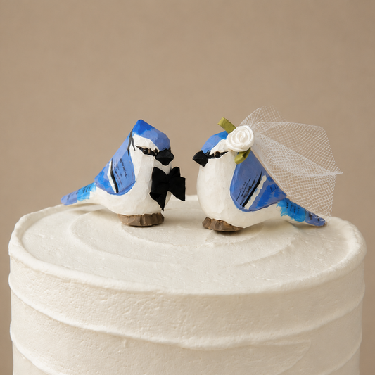 Blue Jay hand-carved wooden cake topper by Selsela, bride and groom pair on a wedding cake