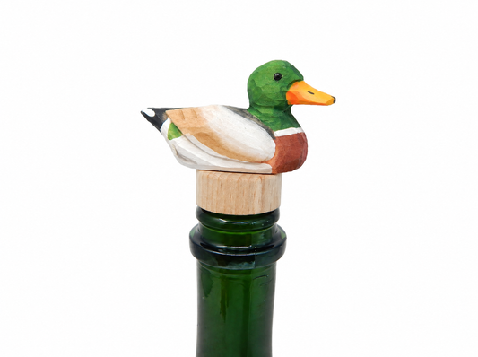 Mallard Duck Male hand-carved wooden wine stopper by Selsela, on a plain background